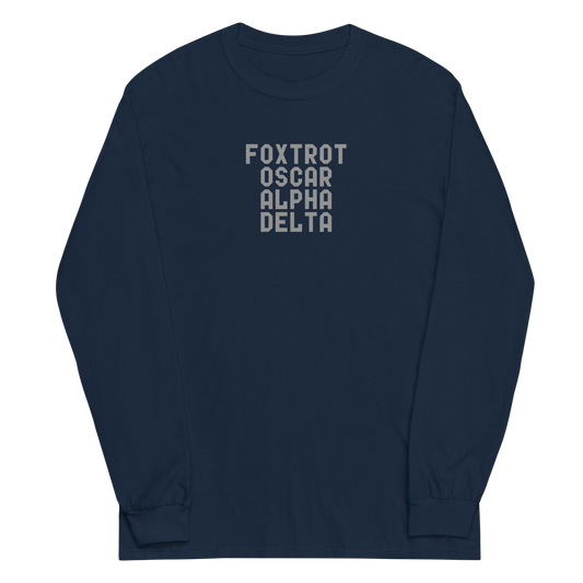 "Foxtrot Oscar Alpha Delta" printed on a navy men's long sleeve shirt laying on a flat surface
