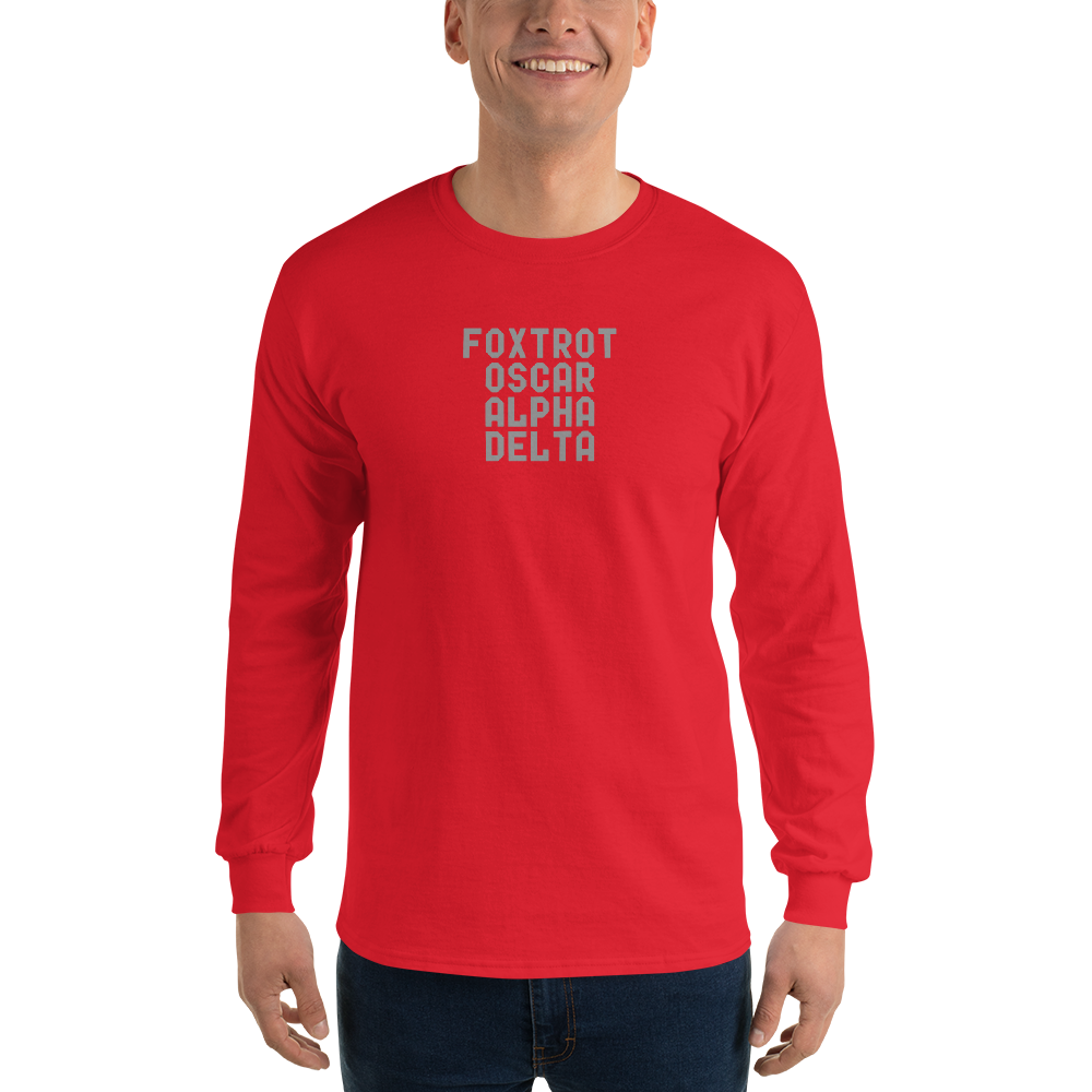 "Foxtrot Oscar Alpha Delta" printed on a red men's long sleeve shirt worn by a male