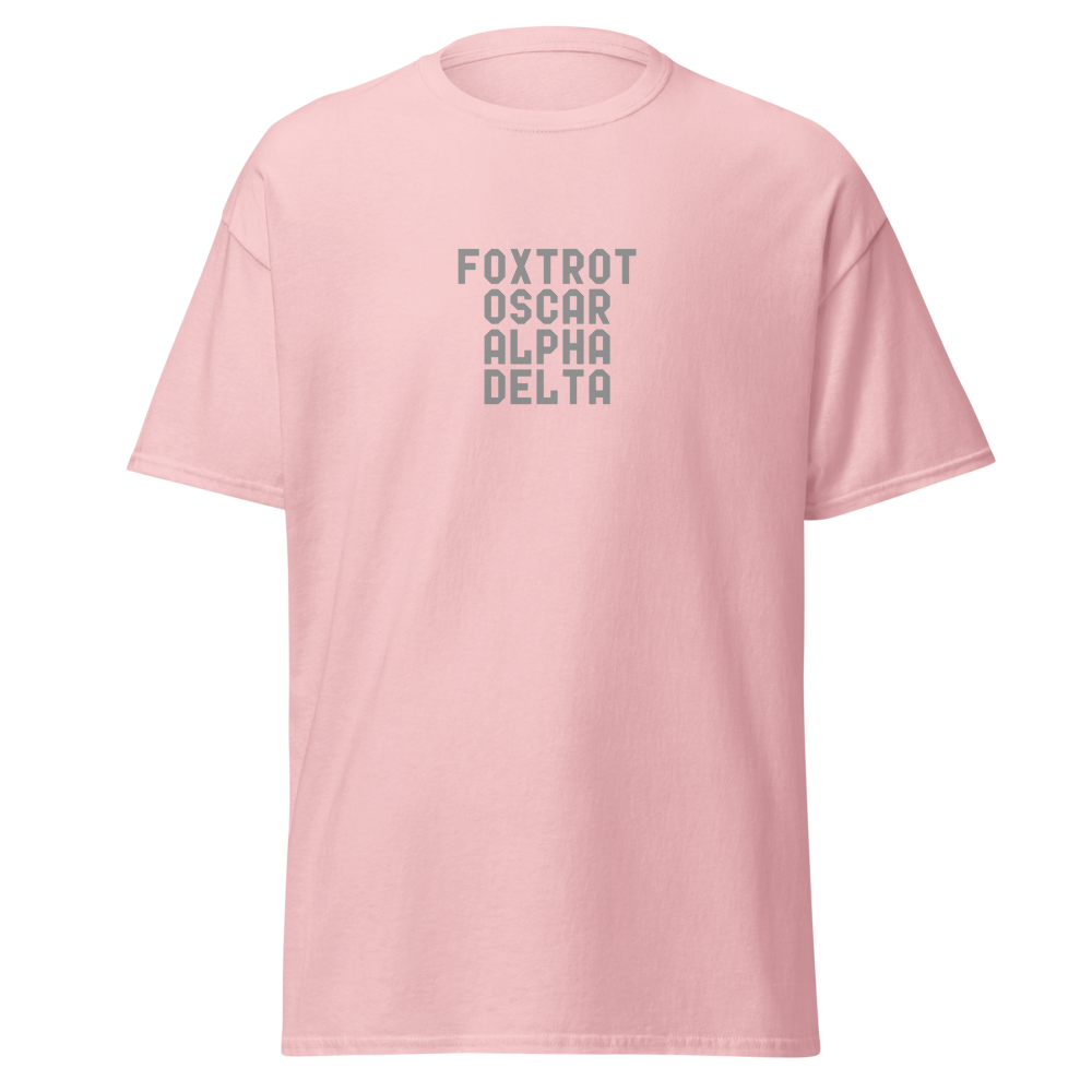 "Foxtrot Oscar Alpha Delta" printed on a light pink on an invisible body