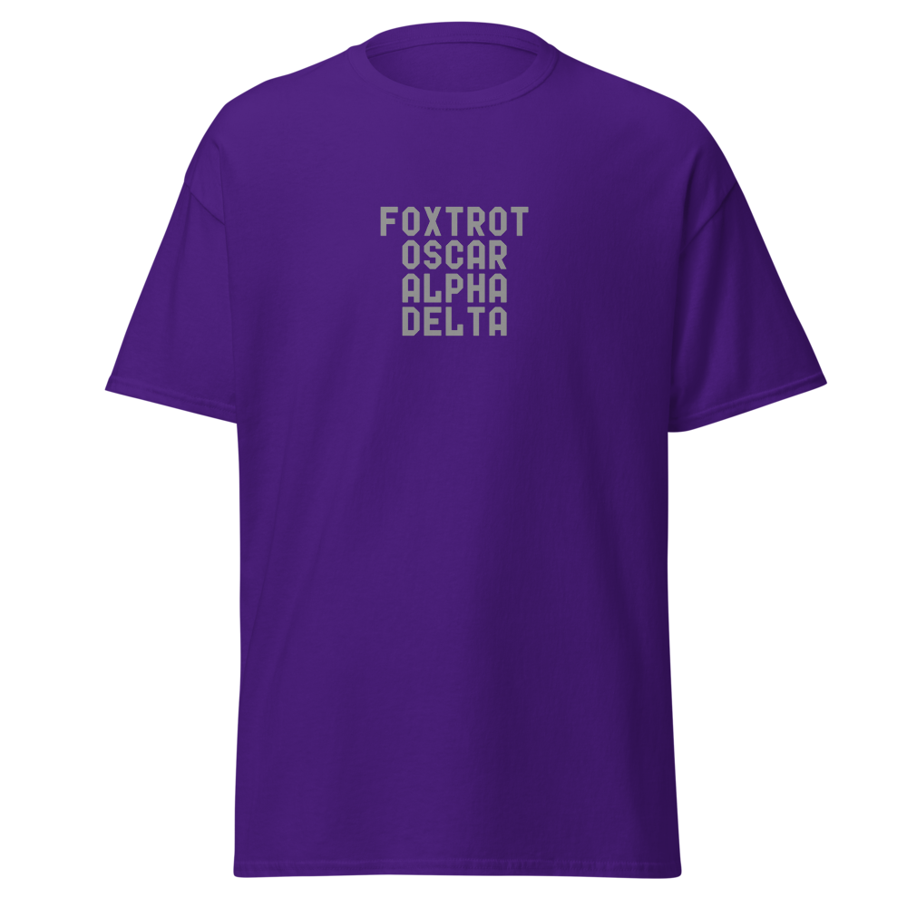 "Foxtrot Oscar Alpha Delta" printed on a purple on an invisible body