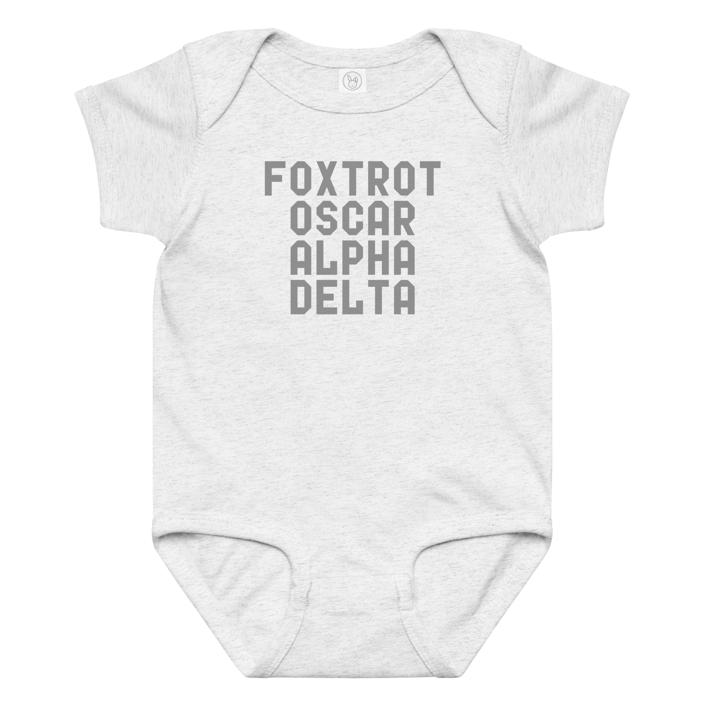 "Foxtrot Oscar Alpha Delta" printed on a ash baby jersey bodysuit laying on a flat surface amongst other clothes