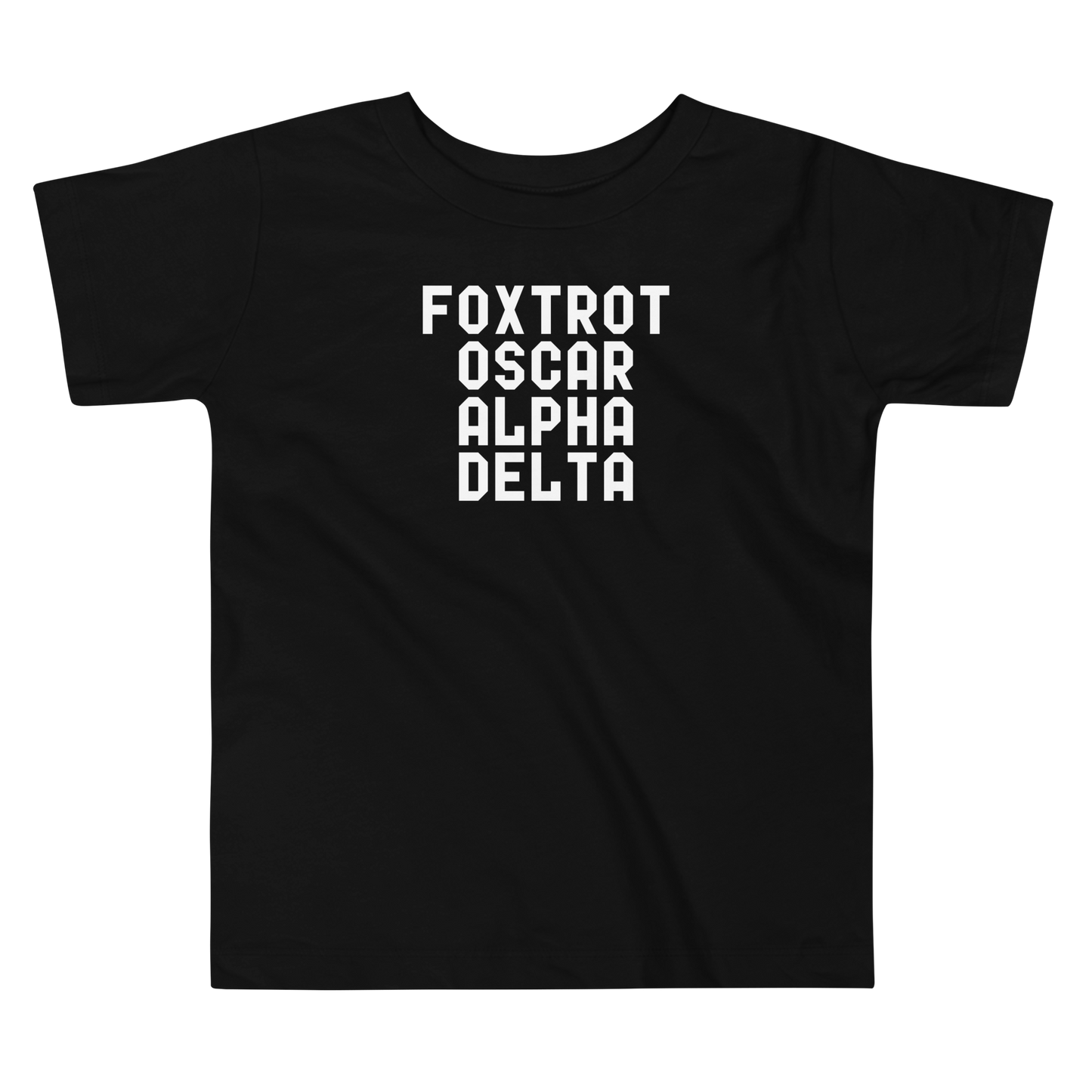 "Foxtrot Oscar Alpha Delta" printed on a black toddler short sleeve tee laying on a flat surface