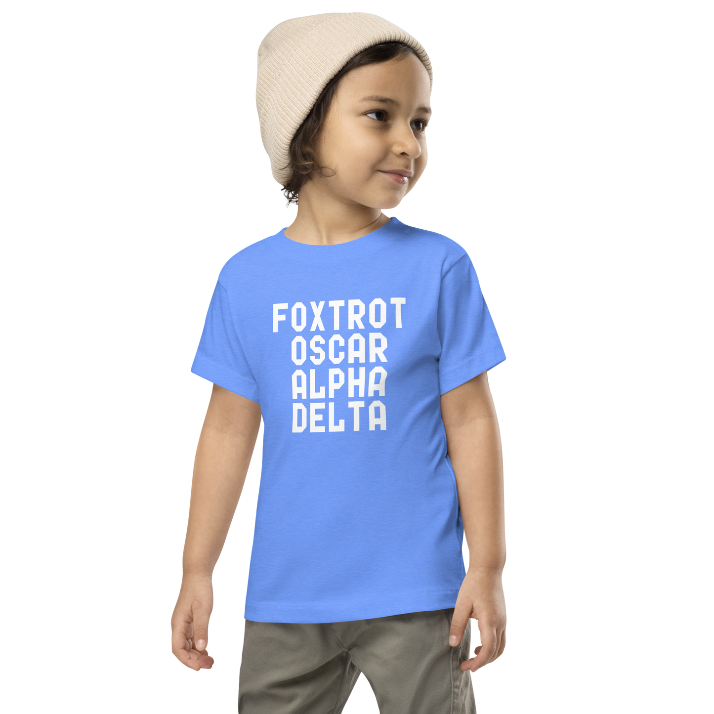 "Foxtrot Oscar Alpha Delta" printed on a heather columbia blue toddler short sleeve tee worn by a male wearing a cap