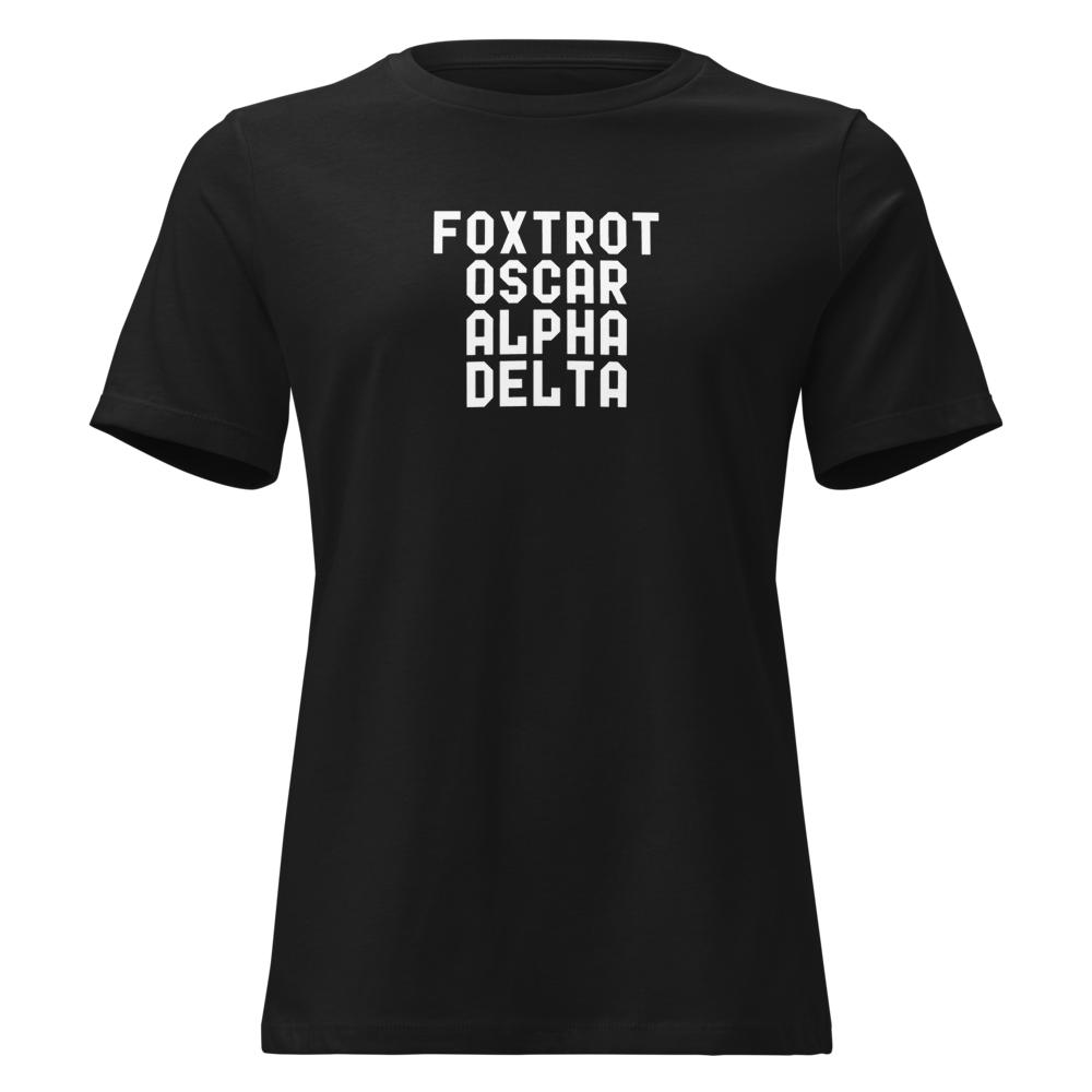 "Foxtrot Oscar Alpha Delta" printed on a black on an invisible / simulated body