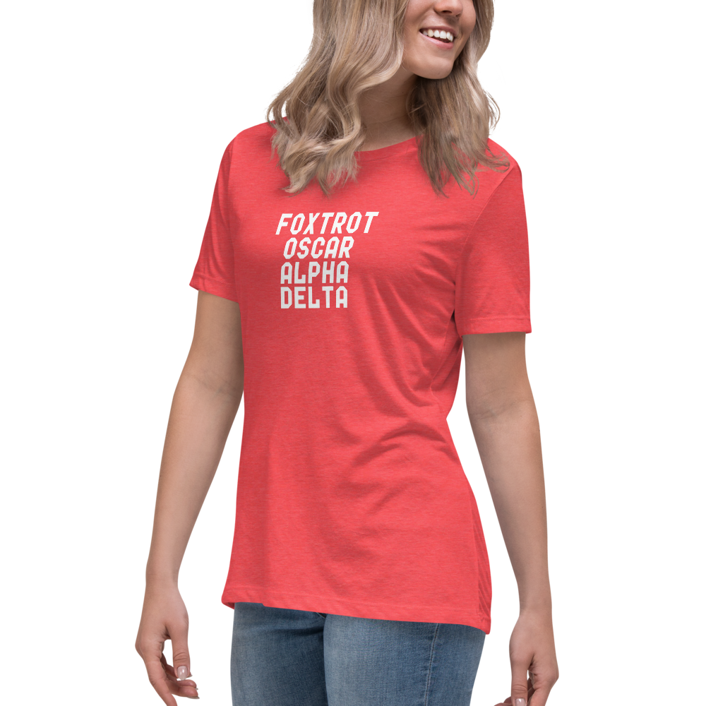 "Foxtrot Oscar Alpha Delta" printed on a heather red women's relaxed t-shirt worn by a female