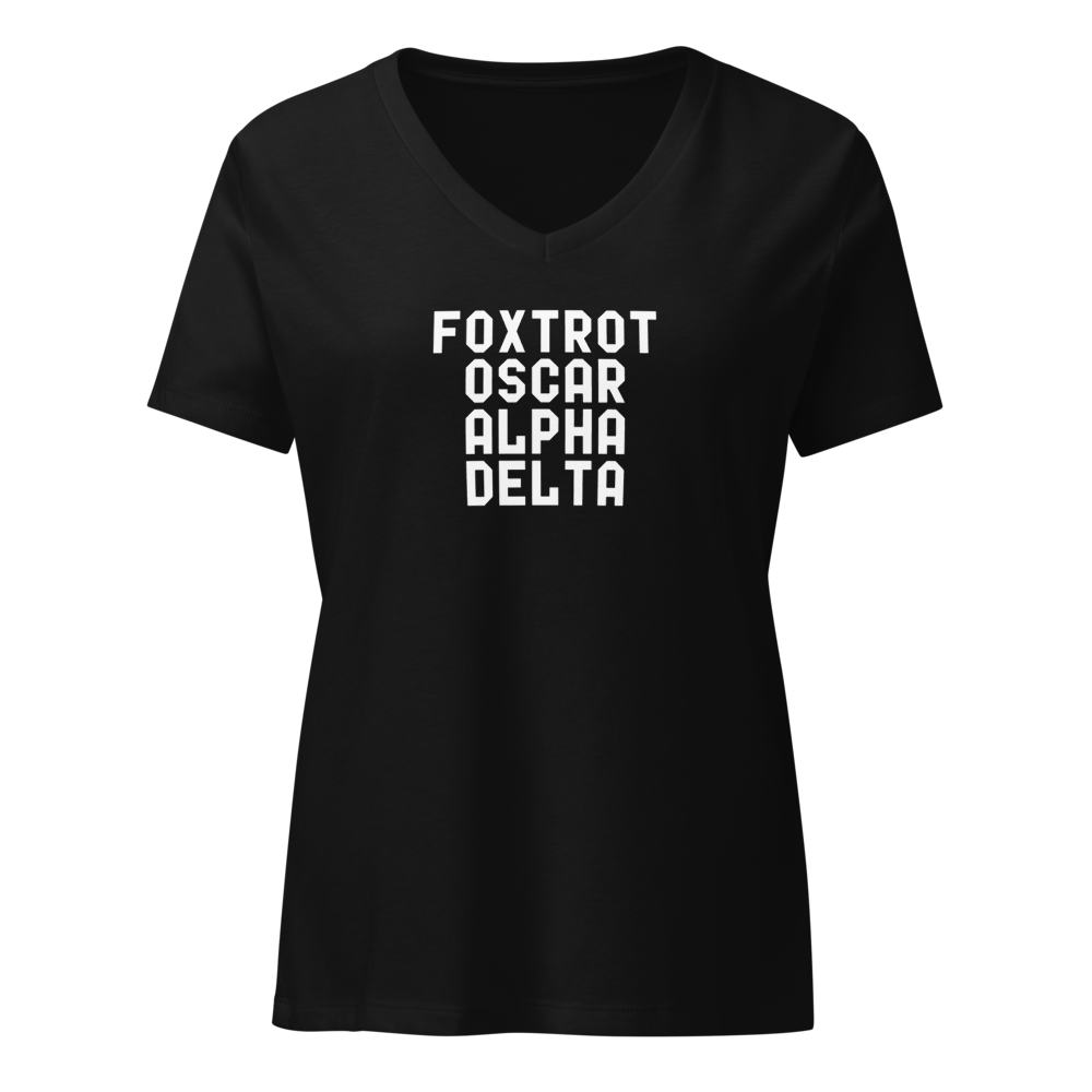 "Foxtrot Oscar Alpha Delta" printed on a solid black blend on an invisible / simulated body