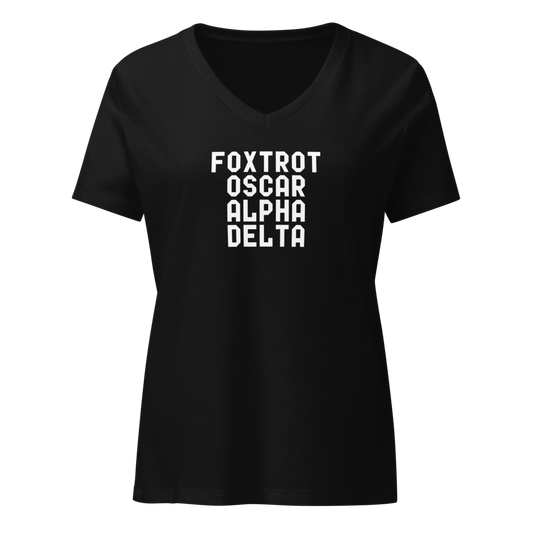 "Foxtrot Oscar Alpha Delta" printed on a solid black blend on an invisible / simulated body