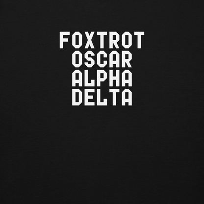 "Foxtrot Oscar Alpha Delta" printed on a black background