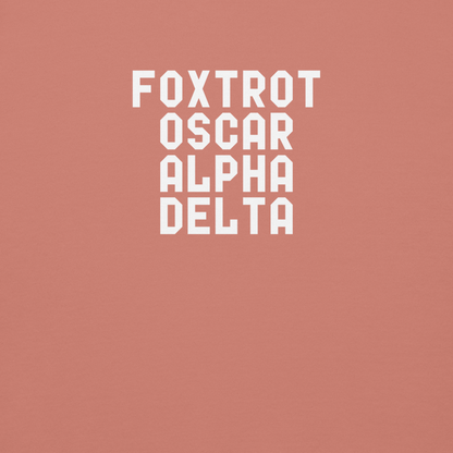 "Foxtrot Oscar Alpha Delta" printed on a dusty rose background