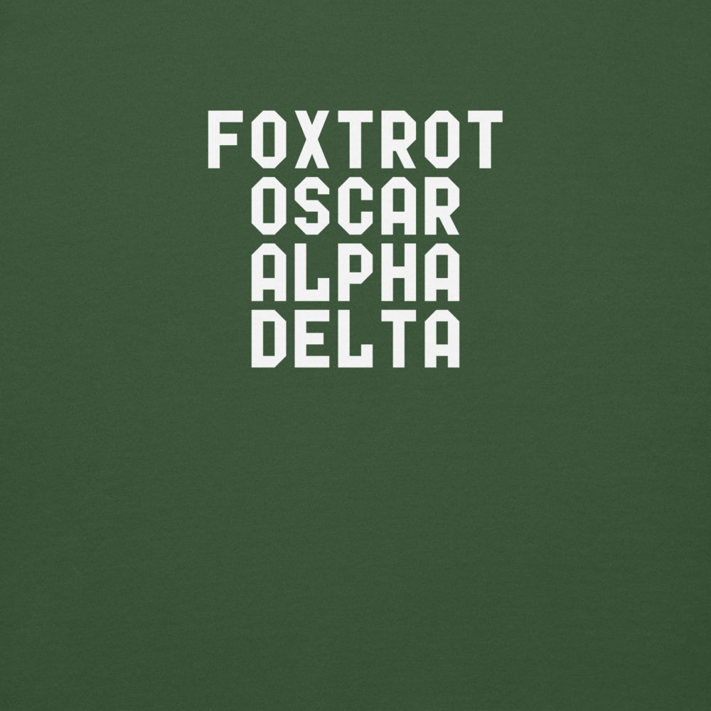 "Foxtrot Oscar Alpha Delta" printed on a forest green background