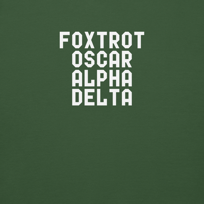 "Foxtrot Oscar Alpha Delta" printed on a forest green background