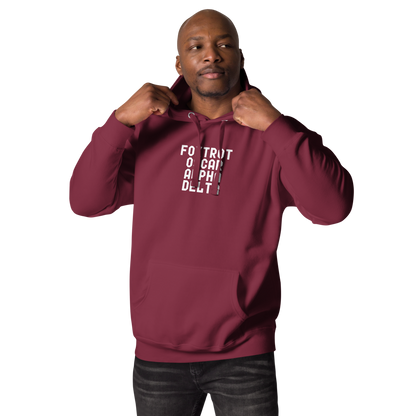 "Foxtrot Oscar Alpha Delta" printed on a maroon unisex hoodie worn by a male
