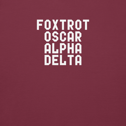 "Foxtrot Oscar Alpha Delta" printed on a maroon background