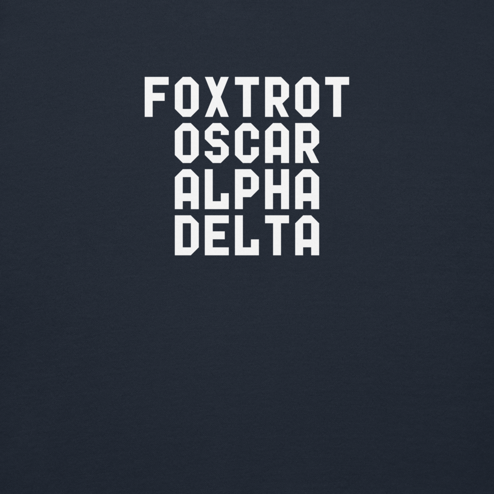 "Foxtrot Oscar Alpha Delta" printed on a navy blazer background