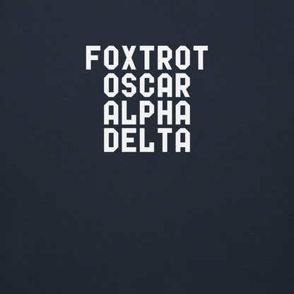 "Foxtrot Oscar Alpha Delta" printed on a navy blazer background