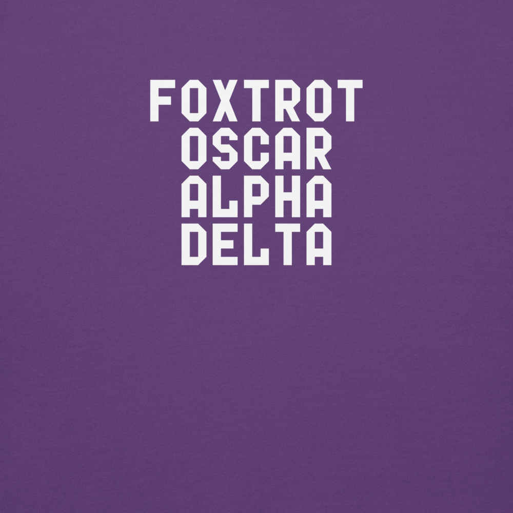 "Foxtrot Oscar Alpha Delta" printed on a purple background