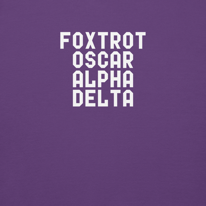 "Foxtrot Oscar Alpha Delta" printed on a purple background