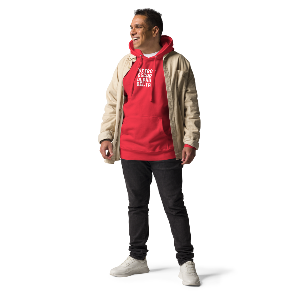"Foxtrot Oscar Alpha Delta" printed on a team red unisex hoodie worn by a male with a jacket on top