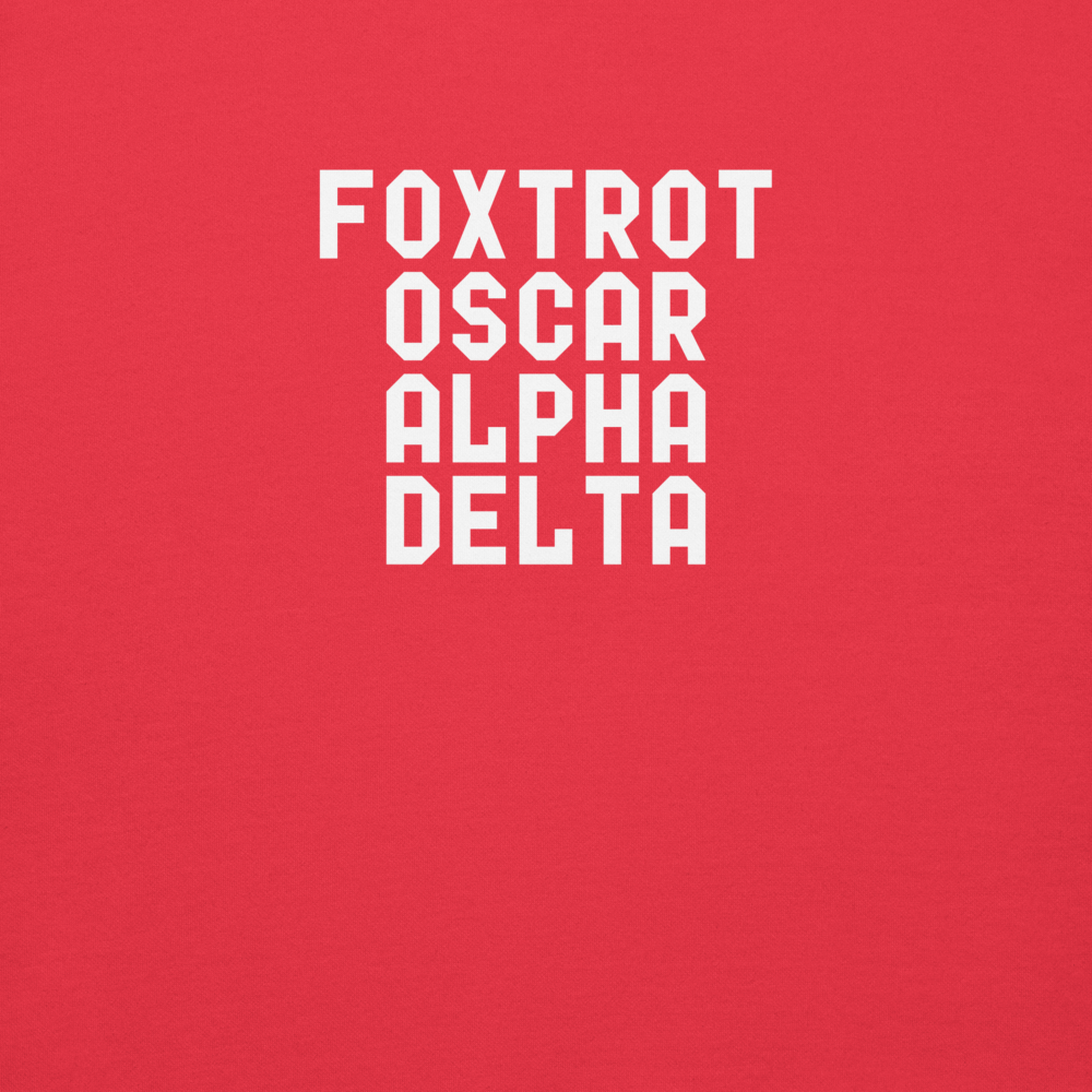 "Foxtrot Oscar Alpha Delta" printed on a team red background