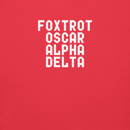 "Foxtrot Oscar Alpha Delta" printed on a team red background