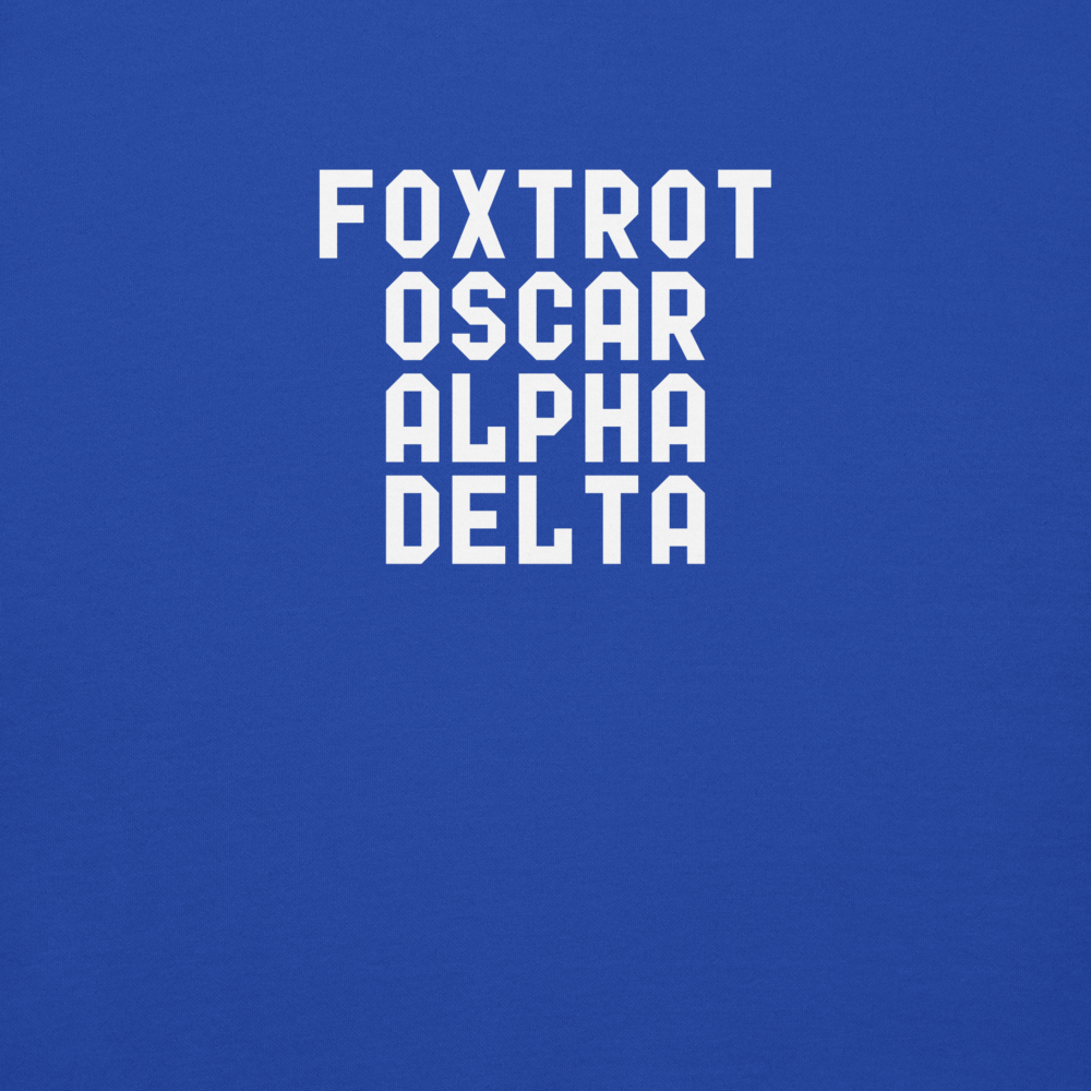 "Foxtrot Oscar Alpha Delta" printed on a team royal background