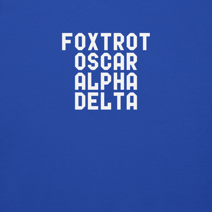 "Foxtrot Oscar Alpha Delta" printed on a team royal background