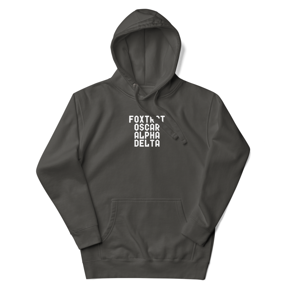 "Foxtrot Oscar Alpha Delta" printed on a vintage black unisex hoodie laying on a flat surface with the hood up