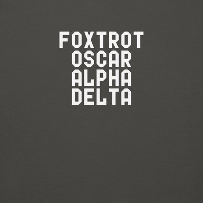 "Foxtrot Oscar Alpha Delta" printed on a vintage black background