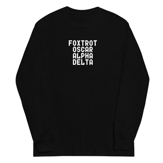 "Foxtrot Oscar Alpha Delta" printed on a black men's long sleeve shirt laying on a flat surface