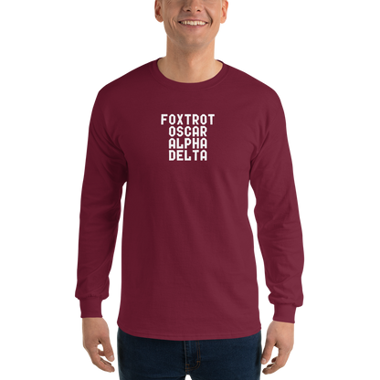 "Foxtrot Oscar Alpha Delta" printed on a maroon men's long sleeve shirt worn by a male