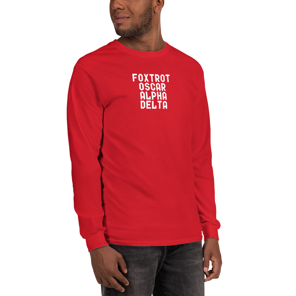 "Foxtrot Oscar Alpha Delta" printed on a red men's long sleeve shirt worn by a male