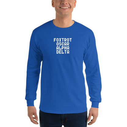"Foxtrot Oscar Alpha Delta" printed on a royal men's long sleeve shirt worn by a male