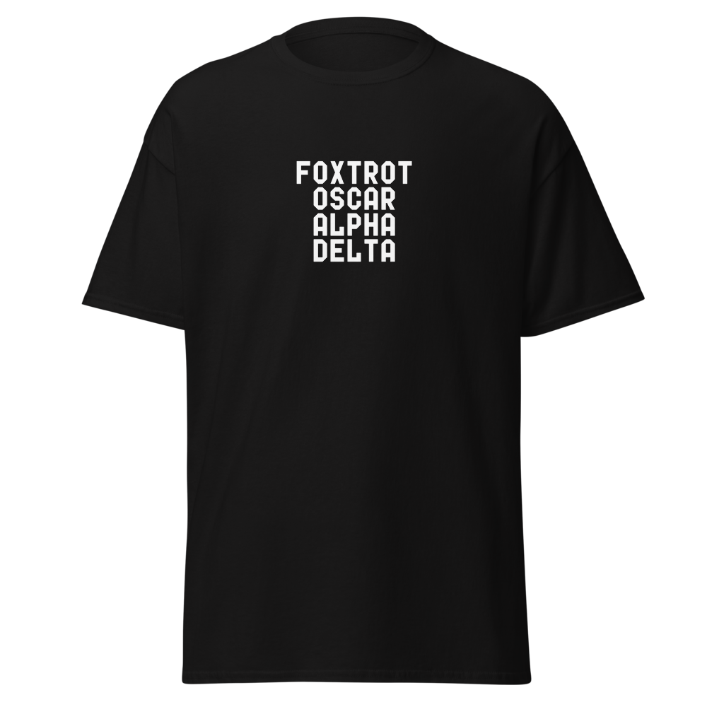 "Foxtrot Oscar Alpha Delta" printed on a black on an invisible body