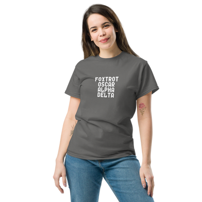 "Foxtrot Oscar Alpha Delta" printed on a charcoal unisex classic tee worn by a female
