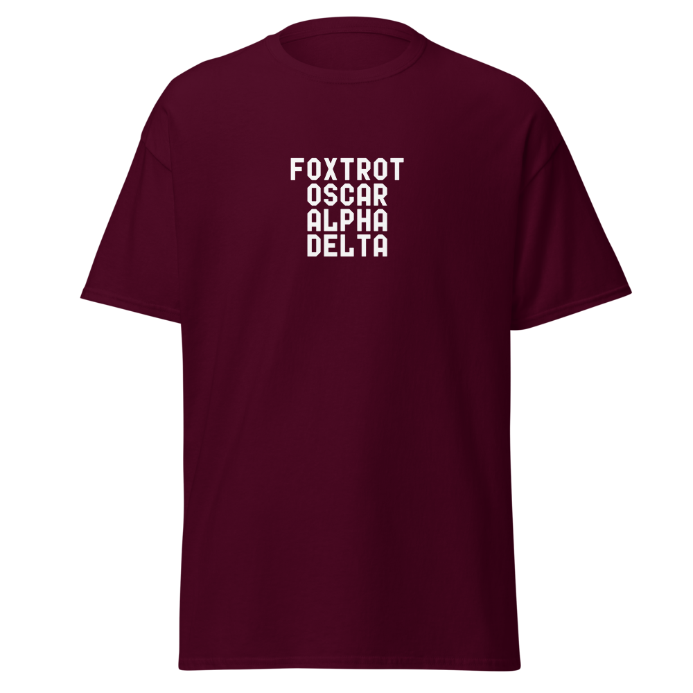 "Foxtrot Oscar Alpha Delta" printed on a maroon on an invisible body