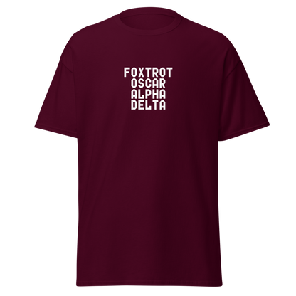 "Foxtrot Oscar Alpha Delta" printed on a maroon on an invisible body