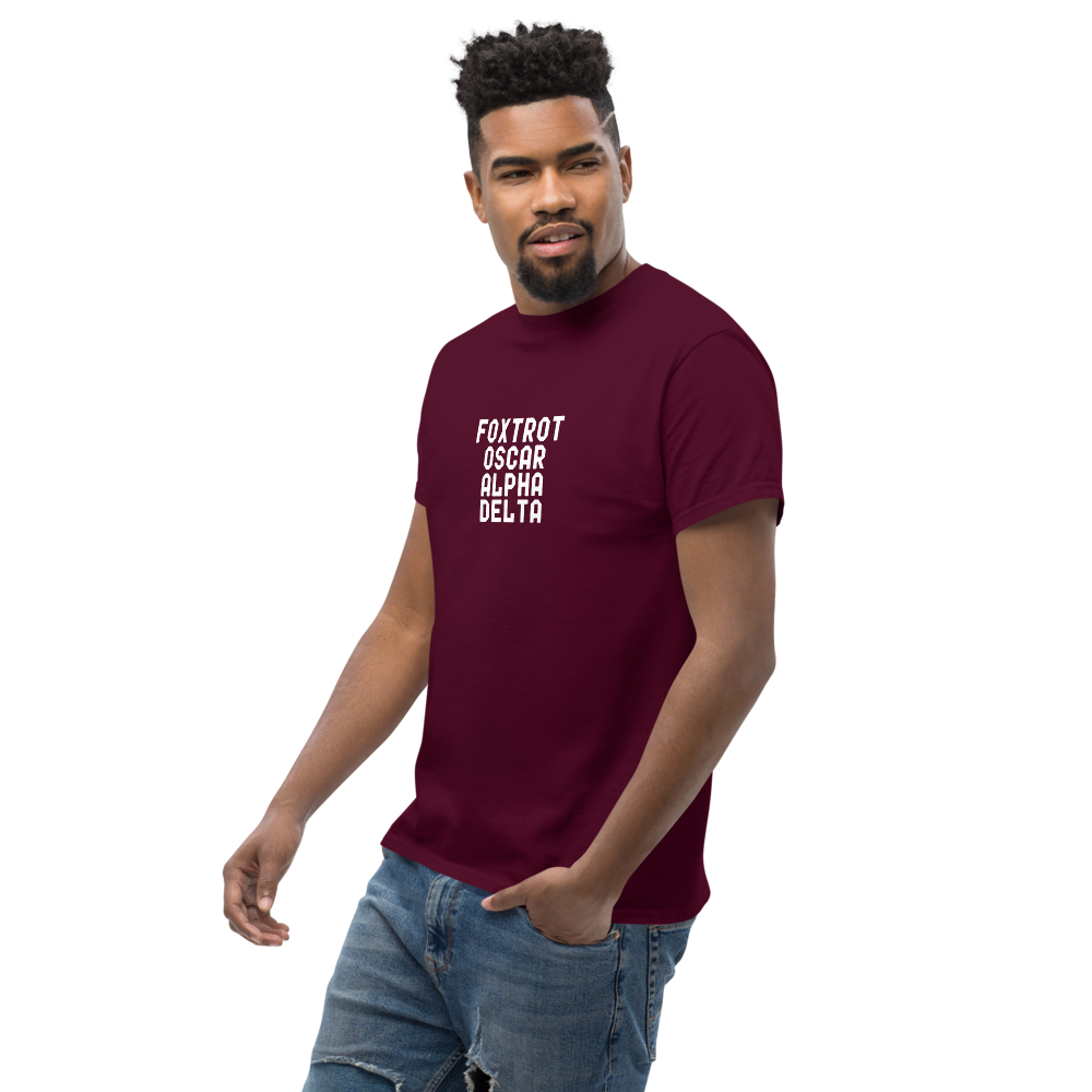 "Foxtrot Oscar Alpha Delta" printed on a maroon unisex classic tee worn by a male