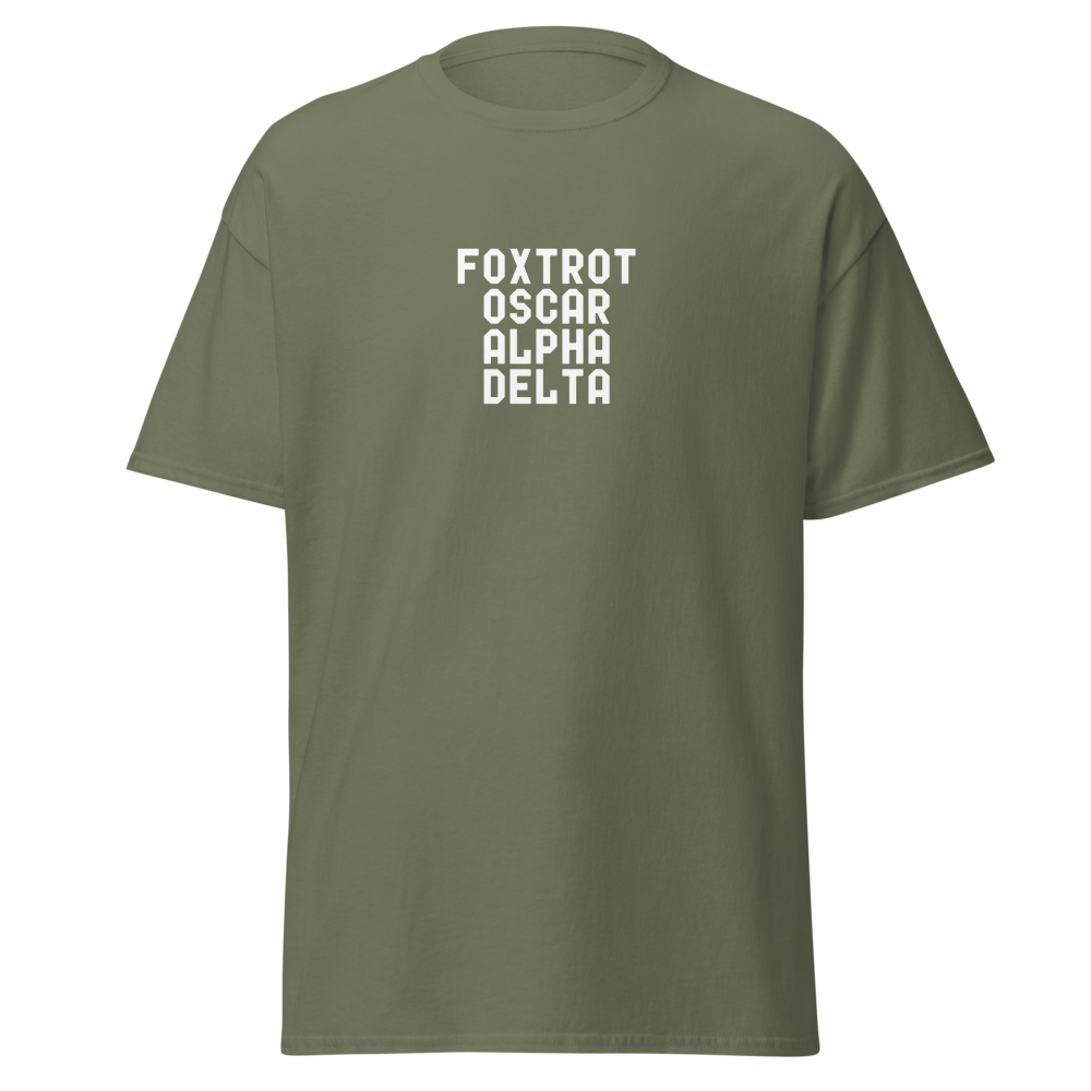 "Foxtrot Oscar Alpha Delta" printed on a military green on an invisible body
