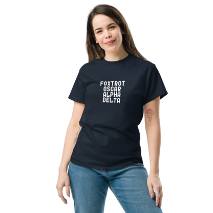 "Foxtrot Oscar Alpha Delta" printed on a navy unisex classic tee worn by a female