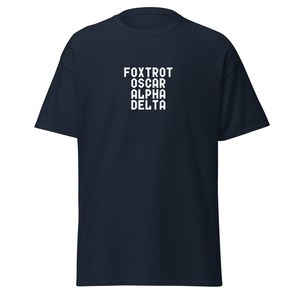 "Foxtrot Oscar Alpha Delta" printed on a navy on an invisible body