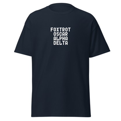 "Foxtrot Oscar Alpha Delta" printed on a navy on an invisible body