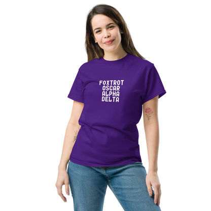 "Foxtrot Oscar Alpha Delta" printed on a purple unisex classic tee worn by a female