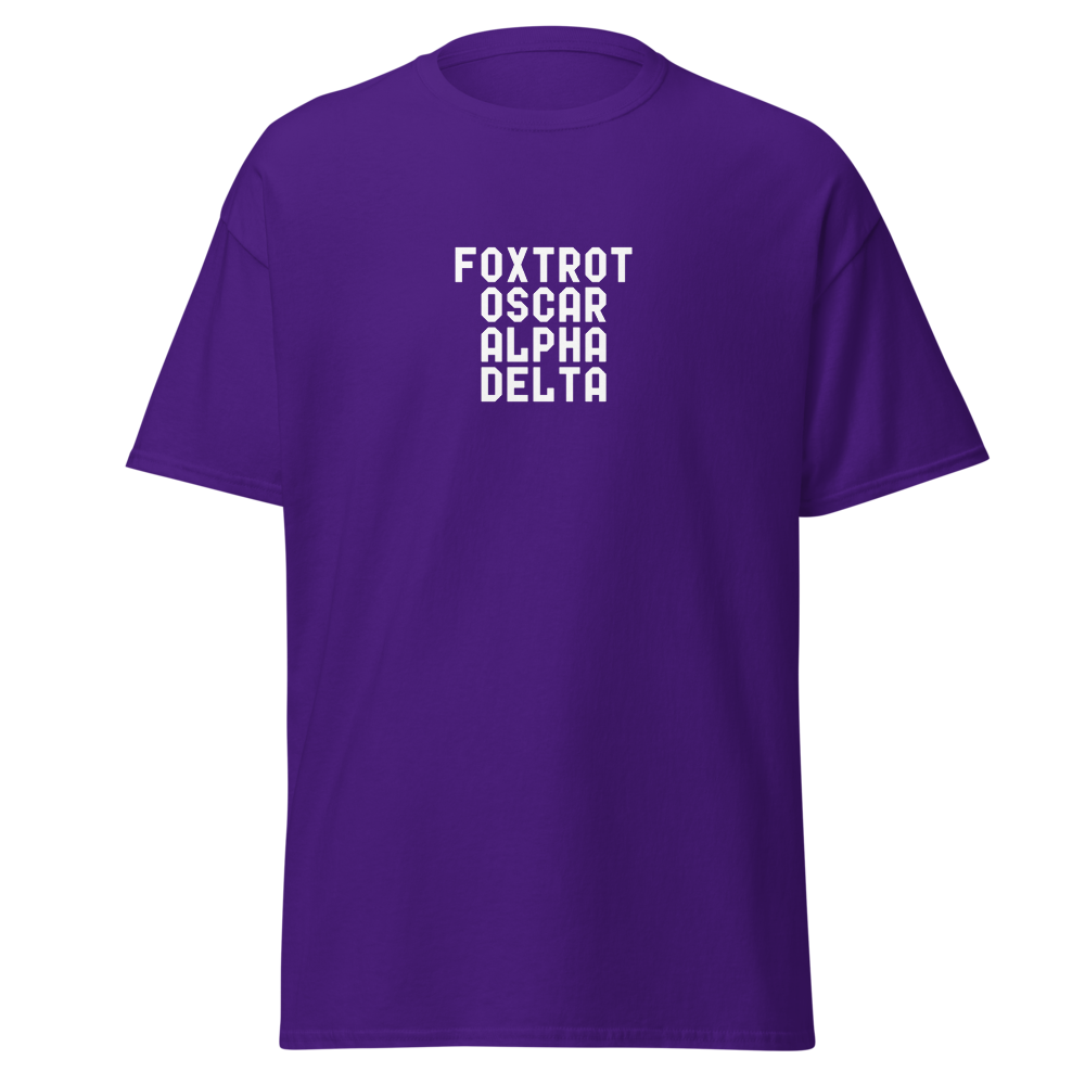 "Foxtrot Oscar Alpha Delta" printed on a purple on an invisible body
