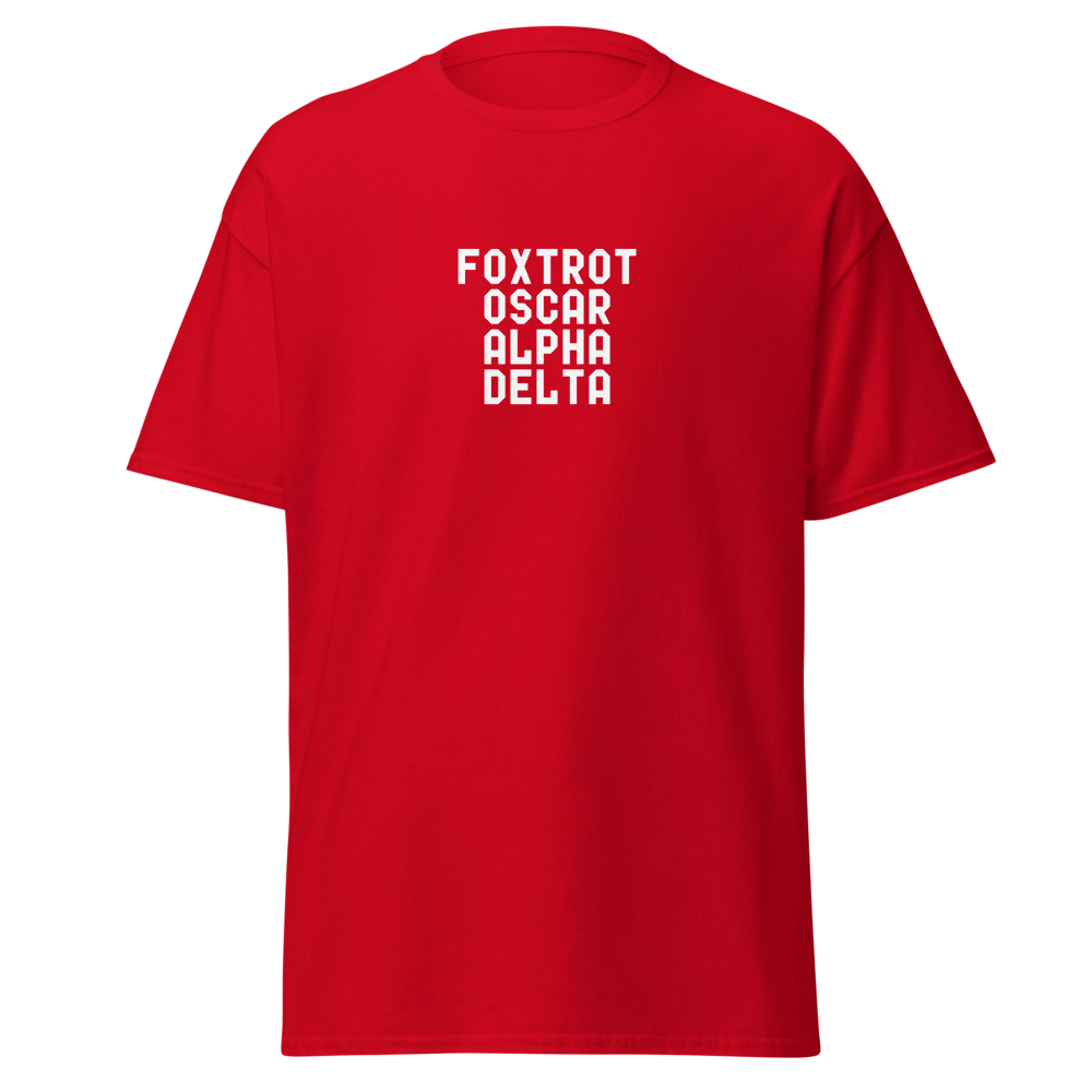 "Foxtrot Oscar Alpha Delta" printed on a red on an invisible body
