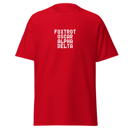 "Foxtrot Oscar Alpha Delta" printed on a red on an invisible body