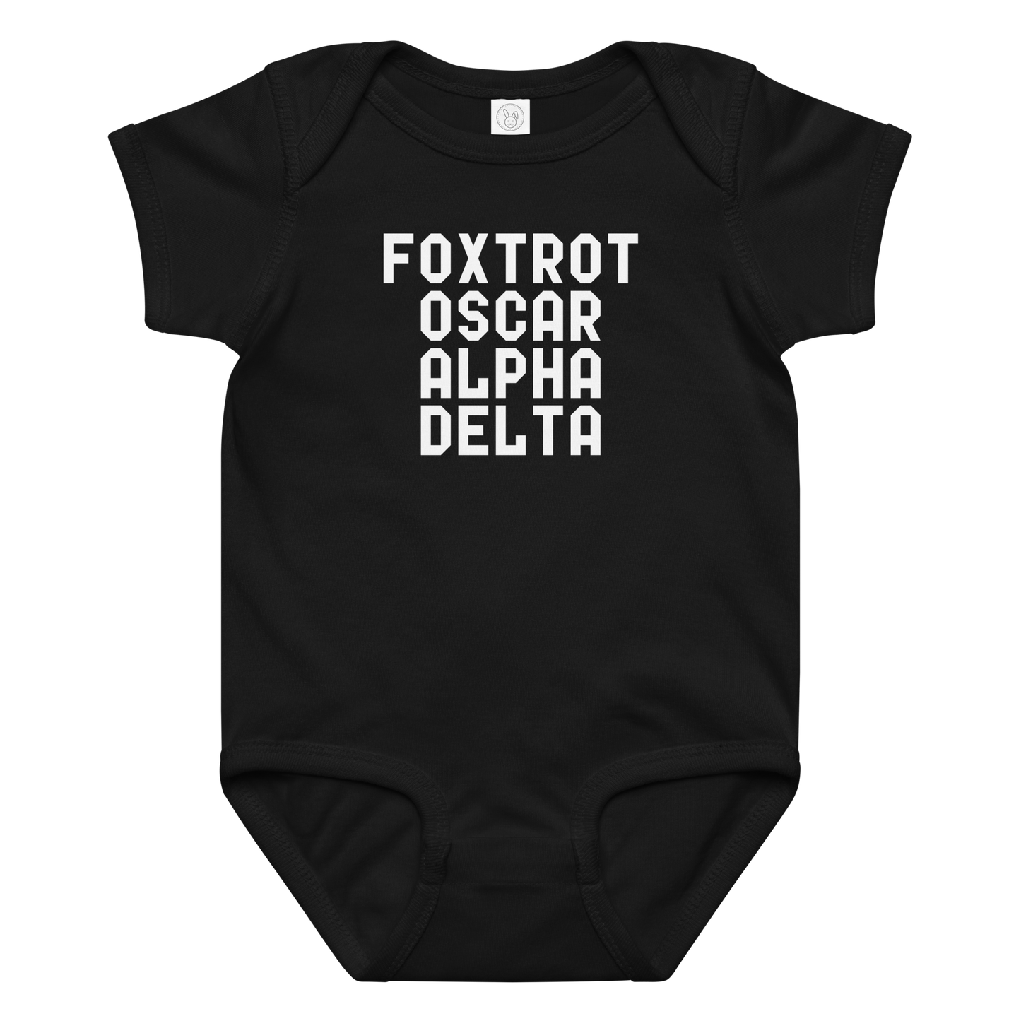 "Foxtrot Oscar Alpha Delta" printed on a black baby jersey bodysuit laying on a flat surface amongst other clothes