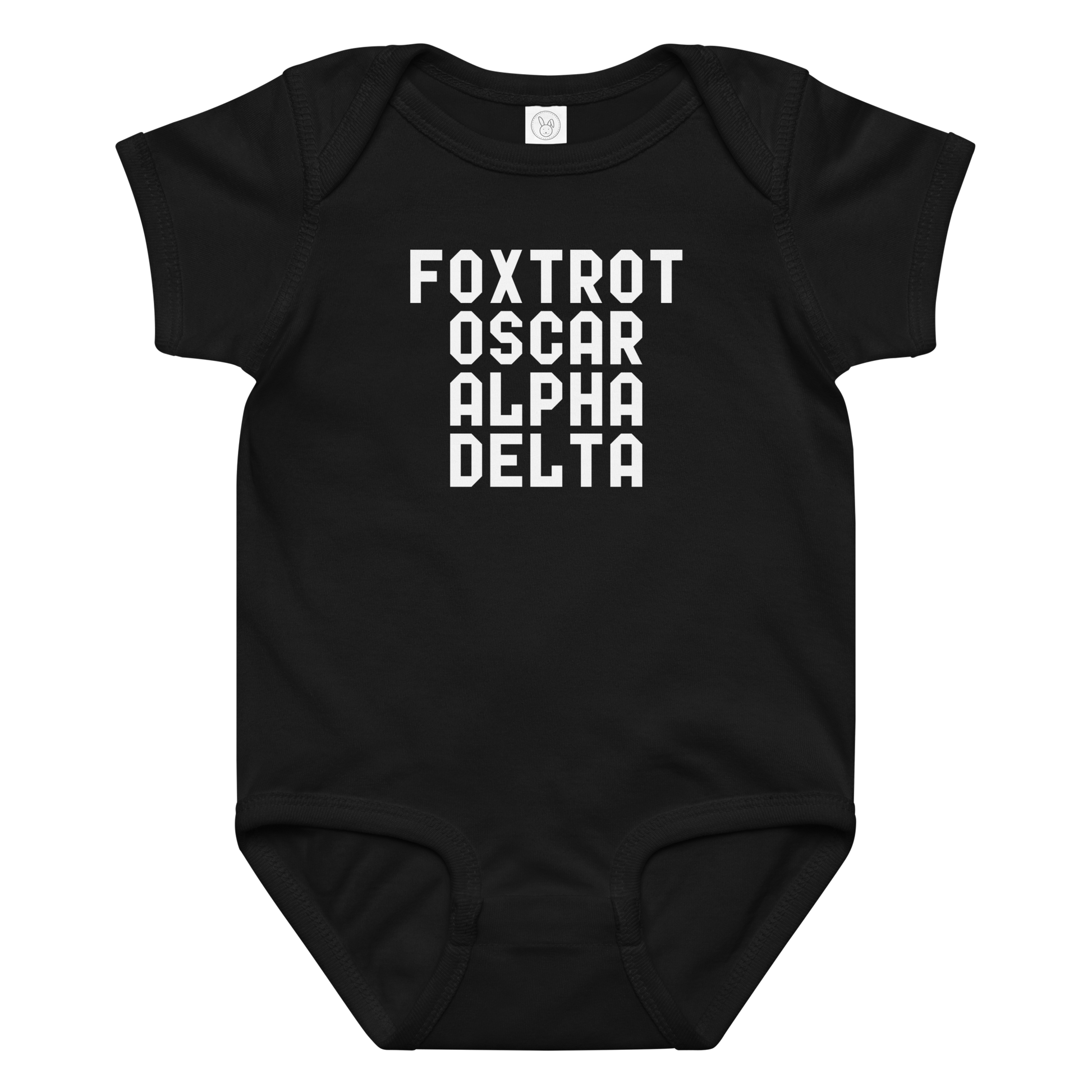"Foxtrot Oscar Alpha Delta" printed on a black baby jersey bodysuit laying on a flat surface amongst other clothes