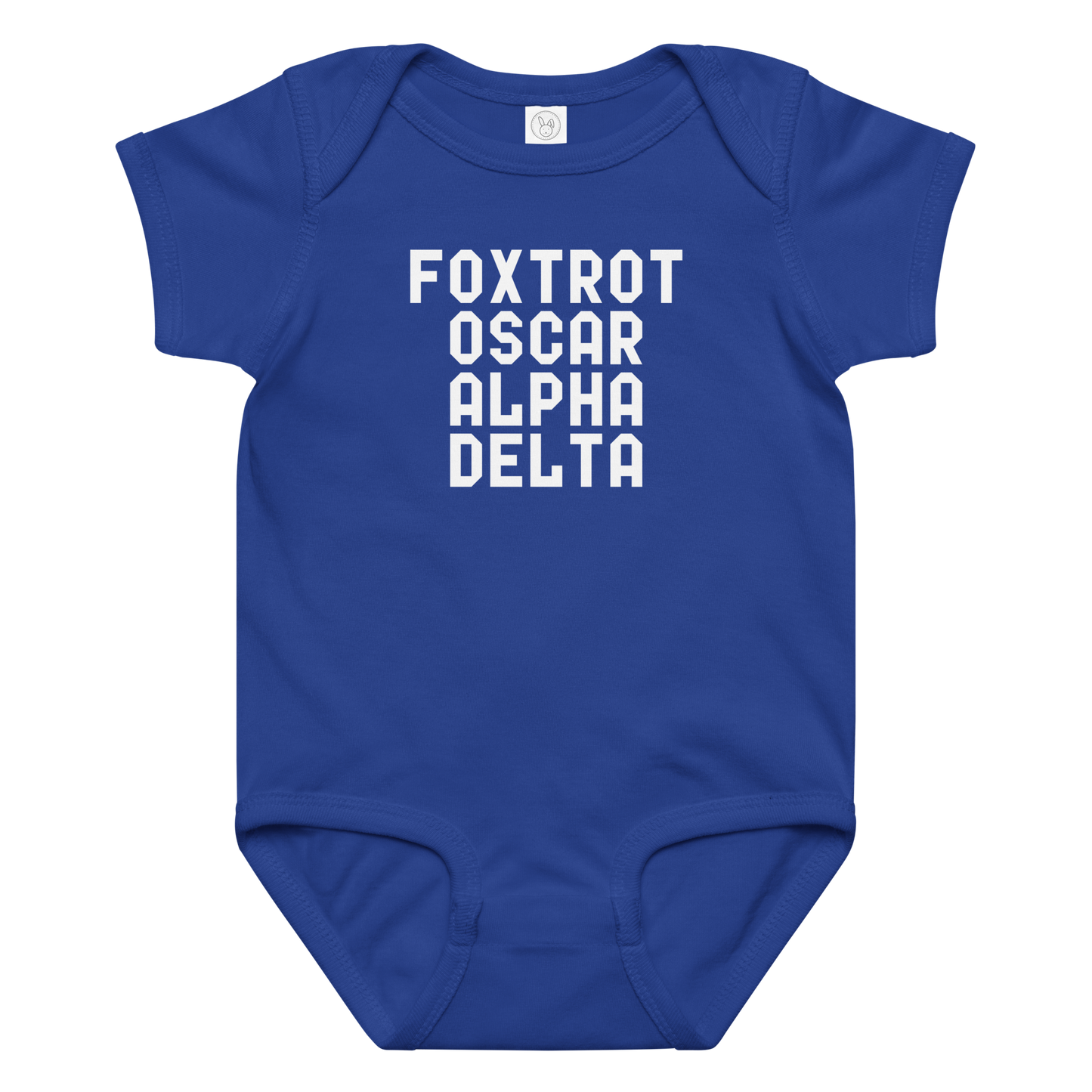 "Foxtrot Oscar Alpha Delta" printed on a royal baby jersey bodysuit laying on a flat surface amongst other clothes