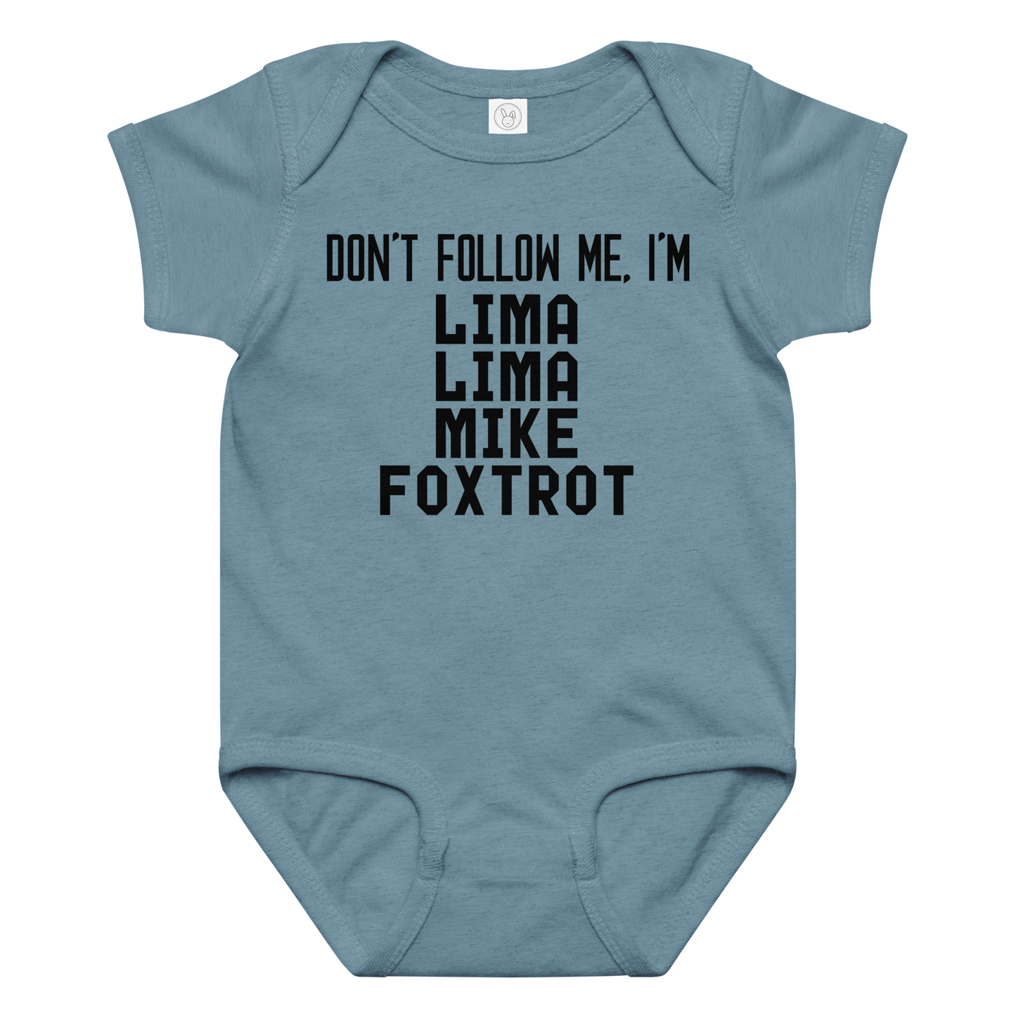 "Don’t follow me, I'm Lima Lima Mike Foxtrot" printed on a vintage indigo baby jersey bodysuit laying on a flat surface amongst other clothes