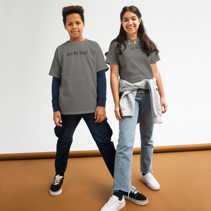 "Go! Be You!" printed on a charcoal youth classic tee worn by a female and male